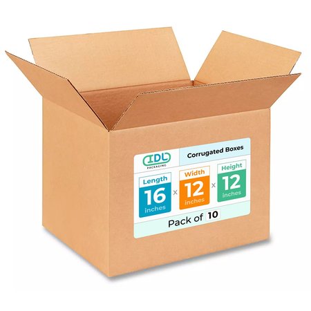 IDL PACKAGING 16L x 12W x 12H Corrugated Boxes for Shipping or Moving, Heavy Duty, 10PK B-161212-10